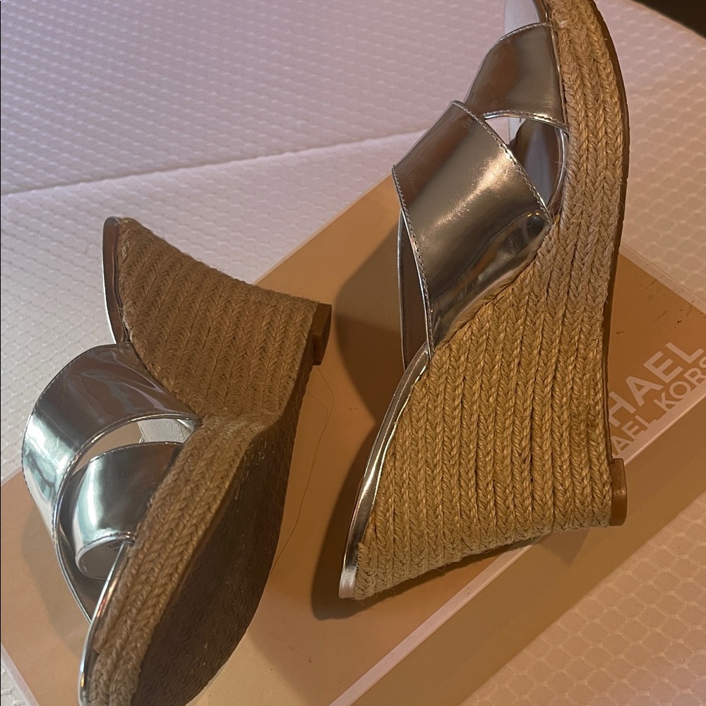 Michael Kors Shiny Silver Wedge Sandals - Picture 7 of 11